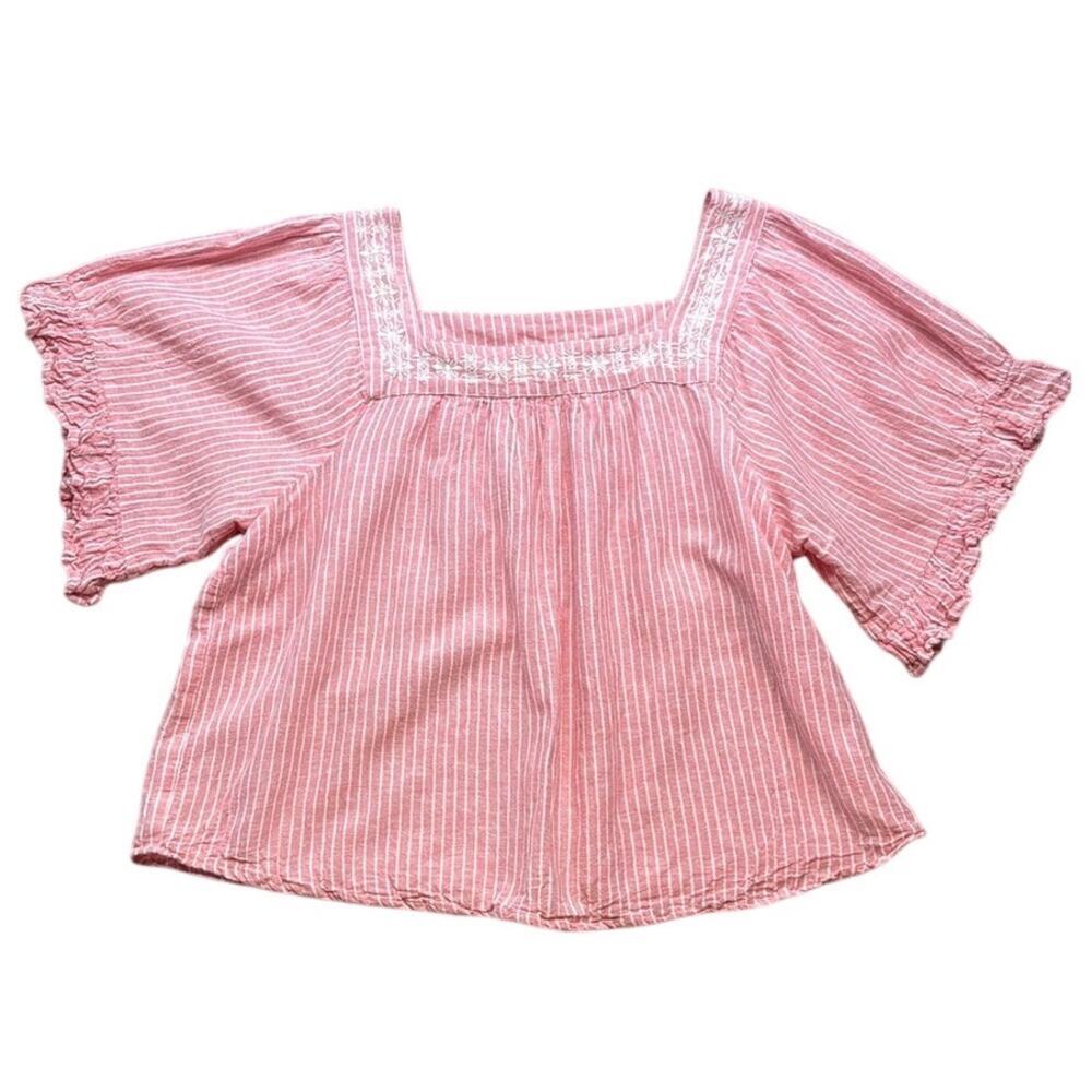 Women STUDIO WEST Pink White Striped Short Sleeve Linen Cotton Blend Top Size XL
